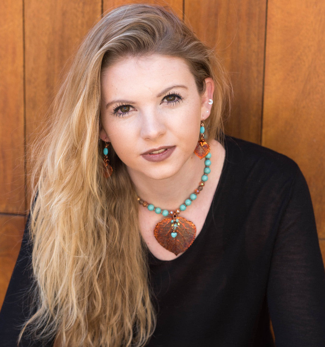 Large Copper leaf &Turquoise necklace finished with dangle