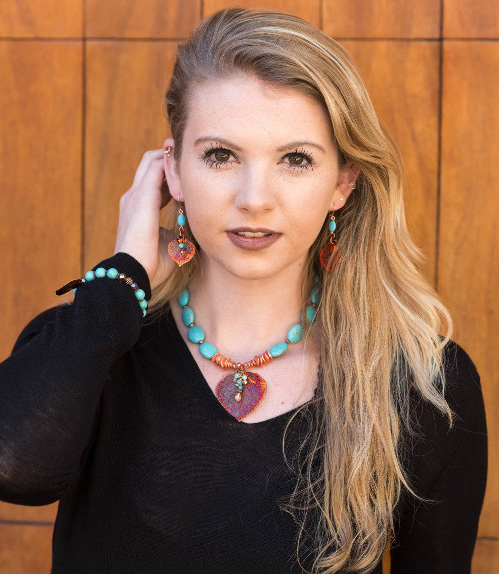 Copper leaf & Turquoise disc choker necklace