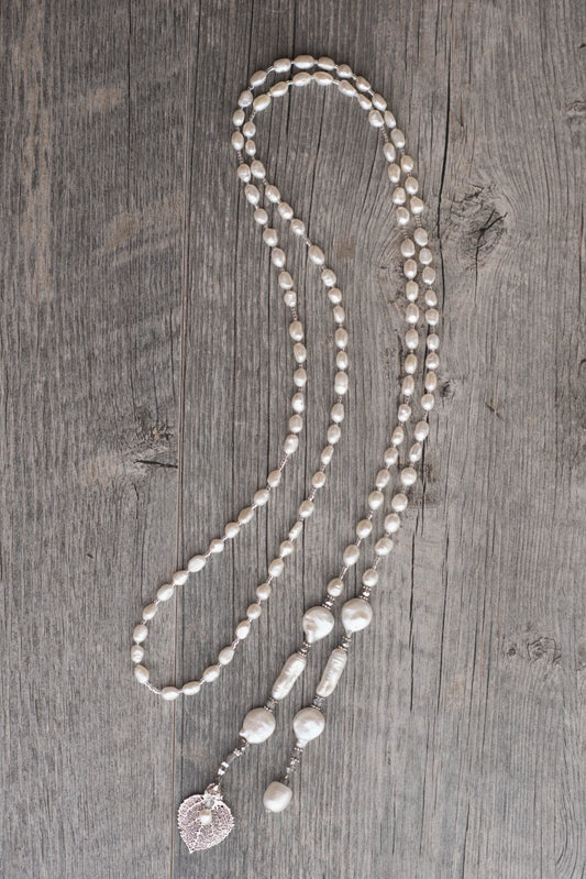 Lariat: White Freshwater & coin pearls created  with silver crystals and a silver  Aspen leaf